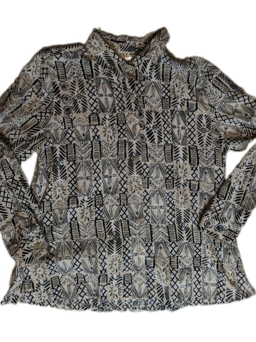 Appleseed's Petites 100% Cotton Tribal Batik Print Button Down Blouse Tan Black
